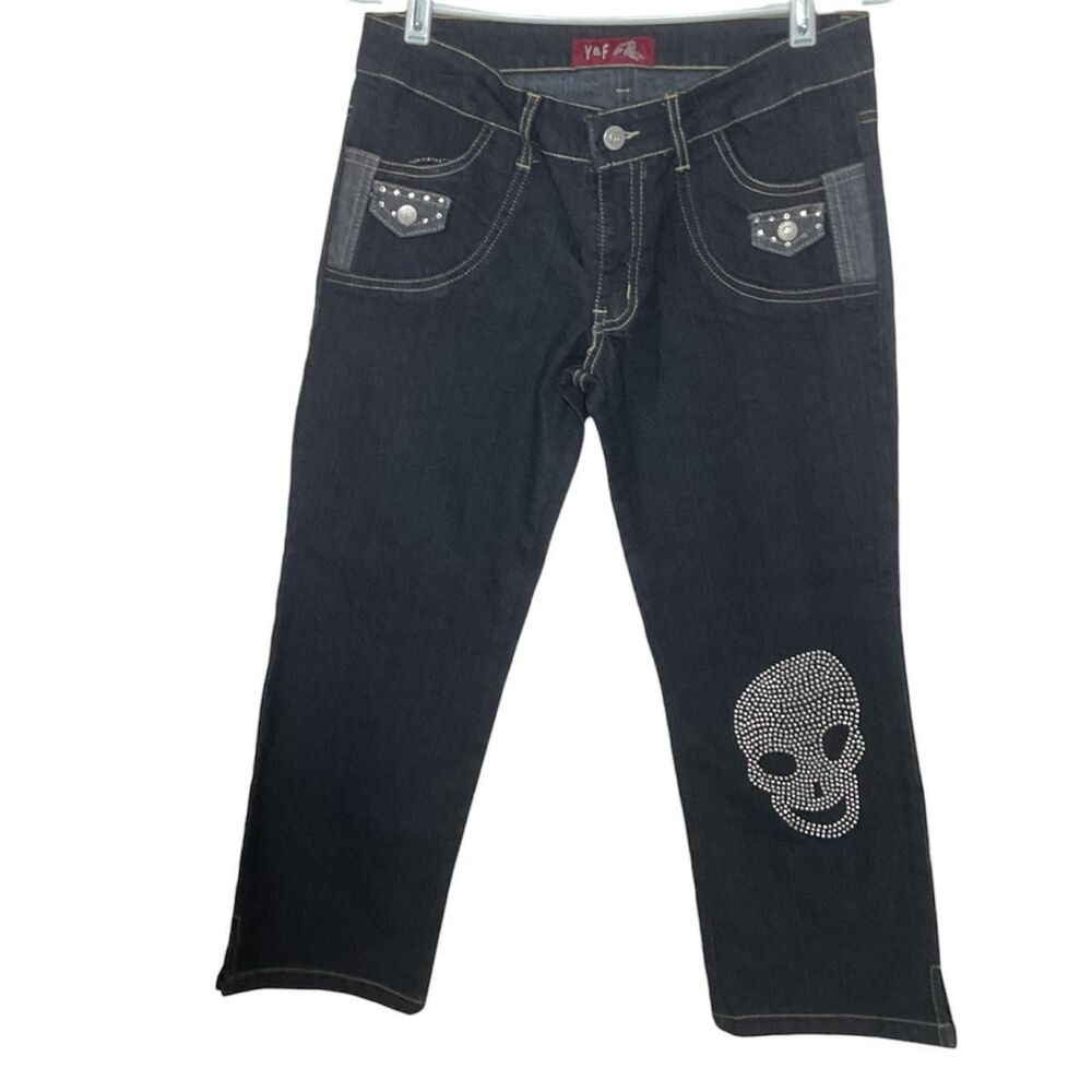 Y&F Deadstock Y2K Dark Wash Low Rise Capri Jeans Skull and Rhinestone Size 1/2
